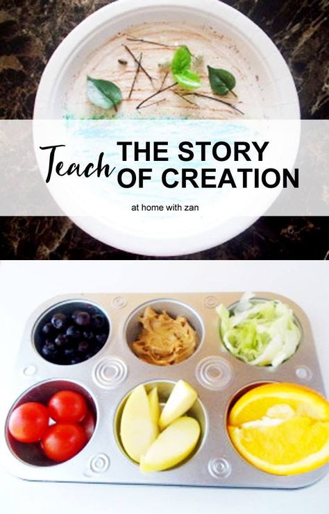 How to Teach the Story of Creation, Interactive Creation Story Lesson for Kids! by @athomewithzan Creation Object Lesson For Preschoolers, Creation Sunday School Crafts, Creation Snacks For Kids, Creation Crafts For Preschool, Creation Story Preschool, Creation Story Activities For Kids, Creation Games For Kids Sunday School, Story Of Creation Activities, Gods Creation Crafts