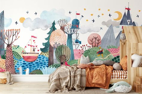 Castle Mural, Rainbow Wall Mural, Kindergarten Wallpaper, Nursery Patterns, Spring Forest, Baby Wallpaper, Mountain Wallpaper, Watercolor Mountains, Forest Wallpaper