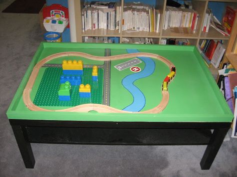 Lego / Train table Train Table Ikea, Ikea Lego, Lack Coffee Table, Ikea Lack Table, Diy Playhouse, Train Table, Lego Table, Lego Trains, Ikea Hackers