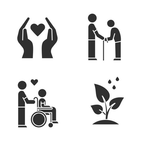 Volunteering glyph icons set. Charity project, disabled and elderly people help, humanitarian assistance. Community service help. Silhouette symbols. Vector isolated illustration Charity Project, Trophy Design, Community Logo, Elderly People, Cosmetic Design, Glyph Icon, Logo Banners, Cityscape Photos, Community Service