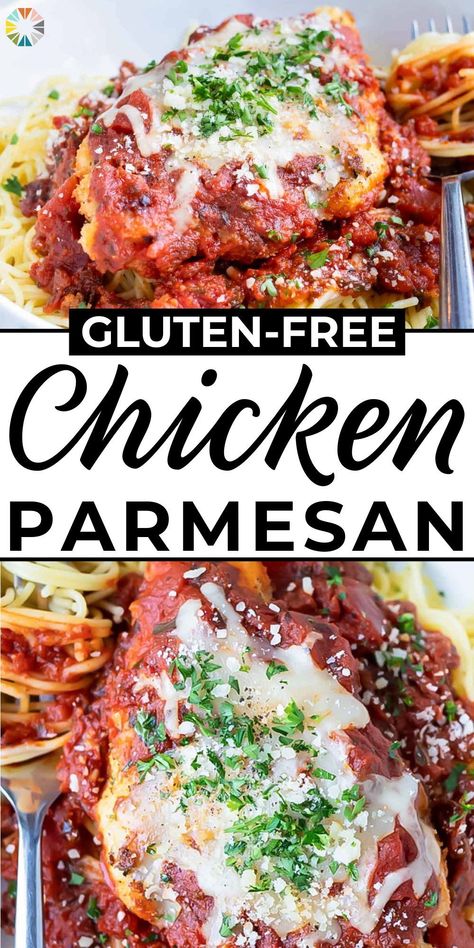 Skip the restaurant and enjoy this gluten-free chicken parmesan for dinner tonight! A crispy crust made from Parmigiana cheese and gluten-free breadcrumbs coats juicy chicken breasts that are cooked in a skillet with a marinara tomato sauce. Serve it over a bed of spaghetti pasta with shredded Mozzarella cheese for a healthy Italian dish that can easily be made completely gluten-free! Try this dish for a delightful GF lunch or dinner today! Gluten Free Chicken Parmesan, Chicken Parmesan Recipe Easy, Chicken With Italian Seasoning, Easy Chicken Parmesan, Gluten Free Bread Crumbs, Healthy Italian, Dinner Today, Gluten Free Noodles, Parmesan Recipes