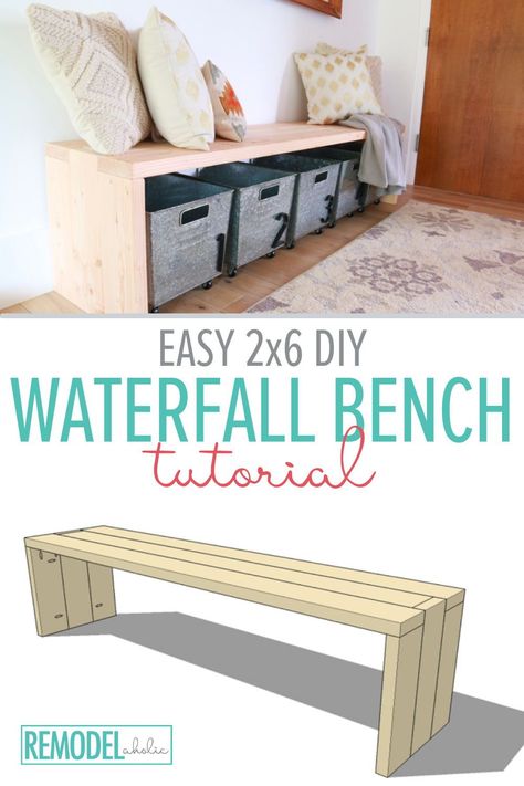 Learn how to build an easy wood 2×6 bench from just 3 boards! This modern DIY waterfall bench tutorial is easy for beginners and includes detailed woodworking plans. Want a different style DIY wood bench? Try this $25 easy DIY farmhouse bench and this 2-board outdoor garden bench. 2x6 Bench, Diy Farmhouse Bench, Waterfall Bench, Farmhouse Bench Diy, Diy Waterfall, Diy Entryway Bench, Diy Wood Bench, Making A Bench, Simple Benches