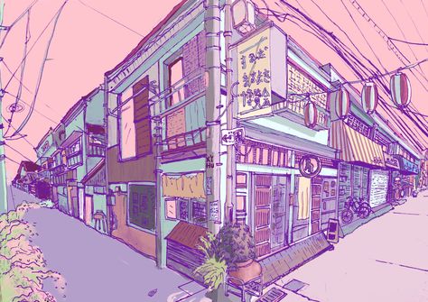 Street Corner Drawing, Japanese City Drawing, Japan Village Aesthetic, Japanese Street Drawing, Japan Street Drawing, Japan City Drawing, Japan Aesthetic Drawing, Japanese City Art, City Street Drawing