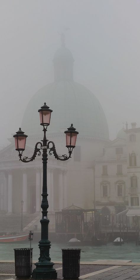 Venice, Italy in rainy and foggy day Florence Italy Winter Aesthetic, Rainy Italy, Venice Winter, Venice Wallpaper, Italy Winter, Foggy Day, Photography Collage, Floating City, Street Lamp