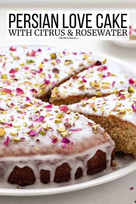 Persian love cake with citrus, warming spices, and rosewater is a stunning and delicious grown-up cake recipe to please a crowd. Exquisite Desserts, Love Cake Recipe, Persian Love Cake, Persian Desserts, Winter Torte, Butter Pecan Cake, The Mediterranean Dish, Oatmeal Cake, Sour Cream Pound Cake