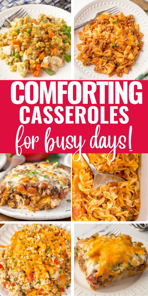 Comfort food casseroles photo collage. Friendship Casserole Recipes, Casseroles That Reheat Well, Dinners That Reheat Well, Casseroles That Can Be Frozen, Cold Weather Casseroles, Frozen Casseroles Make Ahead, Best Casseroles To Take To Someone, Easy Make Ahead Casseroles, Casseroles That Freeze Well