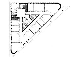 Triangle Building  Josef Paul Kleihues Triangular Building Architecture, Triangular Plan Architecture, Triangle Plan Architecture, Triangle Building Architecture, Triangle Floor Plan, Triangle Architecture, Triangular Building, Triangular Architecture, Triangle Building