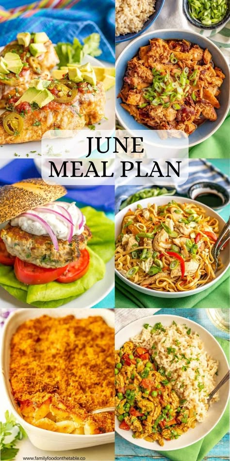 This June meal plan has a full month of ideas for easy, homemade family-friendly dinners. Includes a free printable PDF calendar with each day’s menu idea for easy planning. Simple Weekly Dinner Menu Ideas, Dinner Plans For The Week Meal Ideas, Week Of Meals Families, Health Meal Plan For A Week, Week Of Healthy Meals Menu Planning, June Dinner Menu Ideas, Once A Month Meals, Summer Menu Plan, Weekly Food Menu Ideas Healthy Recipes