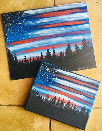 How To Paint American Flag Sky   Learn how to do this very simple yet stunning American Flag Sky with acrylic paint on canvas. You’ll learn how to do a forest skyline silhouette backed by a twilight or dawn sky and a dry brushed US flag illusion! This painting tutorial is for the absolute beginner … Continue reading "How To Paint American Flag Sky" American Flag Painting, Flag Painting, Cute Canvas Paintings, Easy Canvas Painting, Canvas Painting Diy, 수채화 그림, Step By Step Painting, Night Painting, Mixed Media Canvas