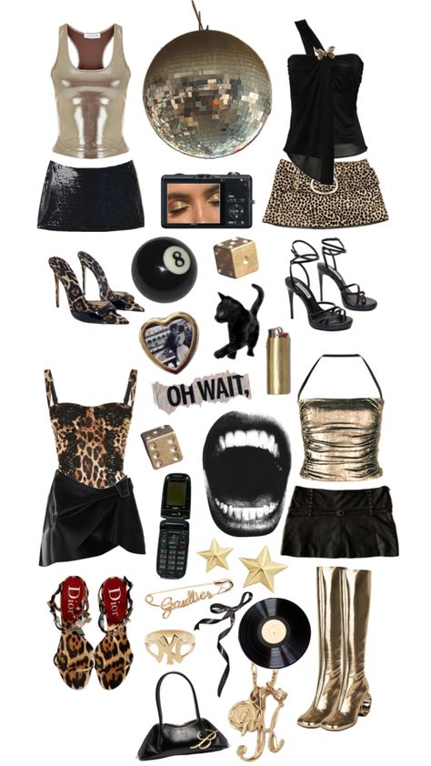 #cheetahprint  #black #gold #goldaesthetic #y2kfashion #club #partygirl Gold, Clothes, Black