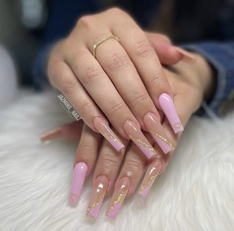 Pink Gold Nails, Gold Acrylic Nails, Ombre Acrylic Nails, Her Nails, Fall Acrylic Nails, Long Acrylic Nails Coffin, Acrylic Nails Coffin Pink, Long Square Acrylic Nails, Acrylic Nails Coffin Short