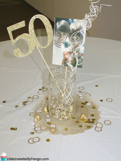 Golden Anniversary Party Ideas, 50th Anniversary Table, 50th Anniversary Centerpieces, 50th Anniversary Party Decorations, Anniversary Party Ideas, Golden Anniversary Party, Anniversary Centerpieces, 50th Birthday Centerpieces, 50th Year Wedding Anniversary