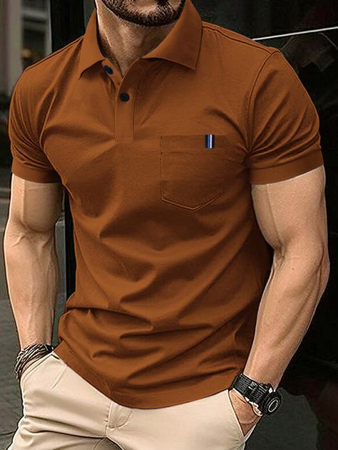 Men's Solid Color Short Sleeve Polo Shirt Brown Casual  Short Sleeve Fabric Plain  Slight Stretch Spring/Summer Men Clothing, size features are:Bust: ,Length: ,Sleeve Length: Solid Color Shirts Men, Men Tshirts Outfit, Mens Short Sleeve Button Down, Brown Polo Outfit Men, Brown Shirt Outfit Men, Polo Tshirt Men, Tshirt Men Fashion, Polo Outfit Men, Mens Polos