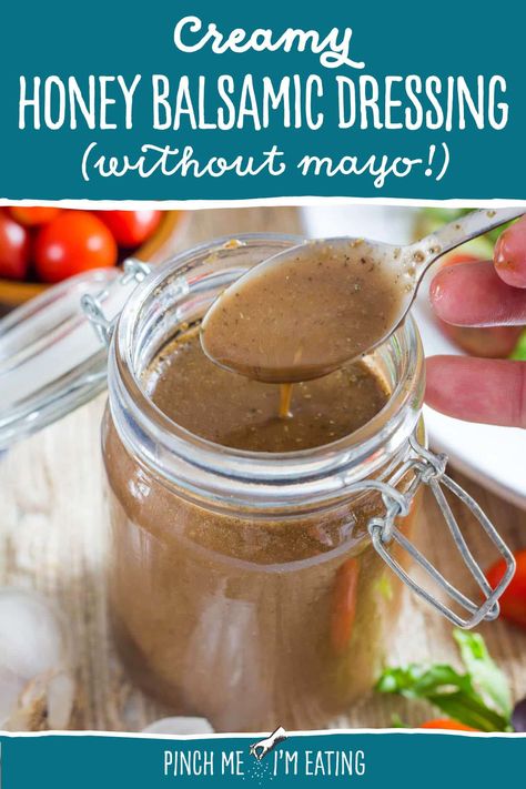 This homemade honey balsamic dressing uses the power of emulsification to achieve a thick, creamy result without using mayo. This sweet and tangy vinaigrette will stay creamy in the fridge for days with just a little shake to recombine any separated ingredients. Best of all, it's ready in only 5 minutes! Balsamic Vinegarette, Homemade Balsamic Dressing, Creamy Balsamic Vinaigrette, Balsamic Dressing Recipe, Honey Balsamic Dressing, Creamy Balsamic Dressing, Creamy Honey, Salad With Balsamic Dressing, Honey Dressing