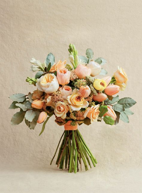 The Nouveau Romatics Peach Bouquet from Southern Living Weddings - heirloom roses, tulips, white tuberoses, peach yarrow, silverberry foliage Cream Wedding Bouquet, Peach Bouquet, Heirloom Roses, Bouquet Inspiration, Romantic Bouquet, Heirloom Wedding, A Bouquet Of Flowers, Cream Wedding, Peach Wedding