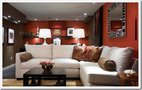 red+brown+and+pink+paint+combinations | Red and brown is a more masculine combination, however the white ... Basement Colors, Red Living, Basement Family Room, Small Basements, Basement Makeover, Living Room Red, Ideas Hogar, Orange Walls, Room Paint Colors