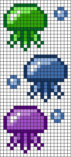 Water Perler Beads, Pixel Art Pattern Jellyfish, Pikcells Art, Jellyfish Grid Pattern, Sea Animals Pixel Art, Grid Pattern Art, Shark Pixel Art Grid, Jellyfish Perler Beads, Jellyfish Pixel Art Grid