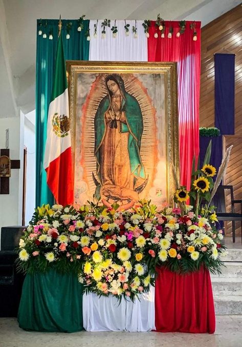 Our Lady Of Guadalupe Altar Decorations, Home Altar Catholic, Pictures Of Mary, Rosary Case, Church Altar Decorations, Catholic Altar, Virgin Mary Art, Folk Art Decor, Quince Decorations