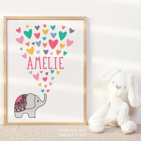 Elephant Printable, Kids Nursery Art, Name Paintings, Elephant Nursery Decor, Rainbow Nursery Decor, Jesus Prints, 3 Girl, Girl Nursery Wall, Religious Wall Art