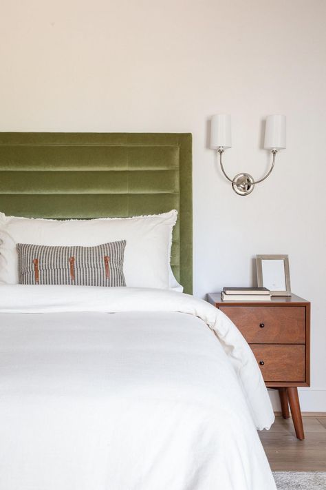 The olive green velvet headboard in this bedroom is a stunner. Don't miss a peek at HGTV.com. Green Velvet Headboard, Velvet Bedroom, Green Headboard, Olive Green Velvet, Velvet Room, Moore House, Blue Dining Chair, Point Blank, Mid Century Modern Bedroom