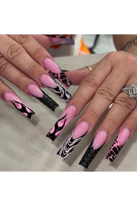 MISUD Press on Nails Long Square Fake Nails Glossy Glue on Nails Pink Black Flame Acrylic Nails Squoval Artificial Nails Goth Y2K French Tip Stick on False Nails with Design 24 pcs Y2k French Tip, Acrylic Nails Squoval, Nails Pink Black, Nails Squoval, Nails Long Square, Nails Goth, Nails With Design, Press On Nails Long, Nails Glossy