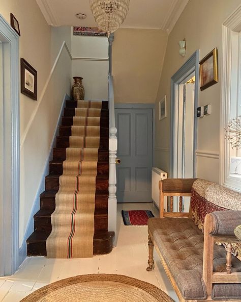 Lulworth Blue Farrow And Ball, Light Blue Hallway, Hallway Blue, Lulworth Blue, Boho Chic Kitchen, Blue Hallway, Picture Walls, Hallway Designs, Farrow And Ball