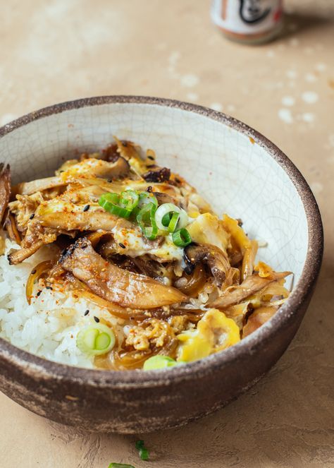 Mushroom and Egg "Gyudon" Japanese Rice Bowl — saltnpepperhere Japanese Rice Bowl Vegetarian, Japanese Egg Rice Bowl, Natto Rice Bowl, Japanese Mushroom Rice, Japanese Egg Dishes, Japanese Egg Recipes, Japanese Recipes Traditional, Traditional Japanese Recipes, Mushroom And Rice