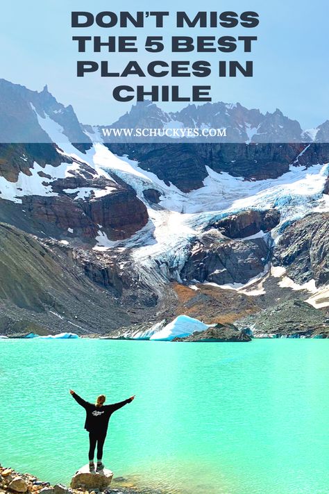 Girl stands on the shore of beautiful turquoise lake with snowy mountains Hiking Patagonia Chile, Chile Vacation, Chile Country, Chile Travel Destinations, Chile Trip, Hiking Patagonia, Chile Patagonia, South America Travel Itinerary, Patagonia Travel