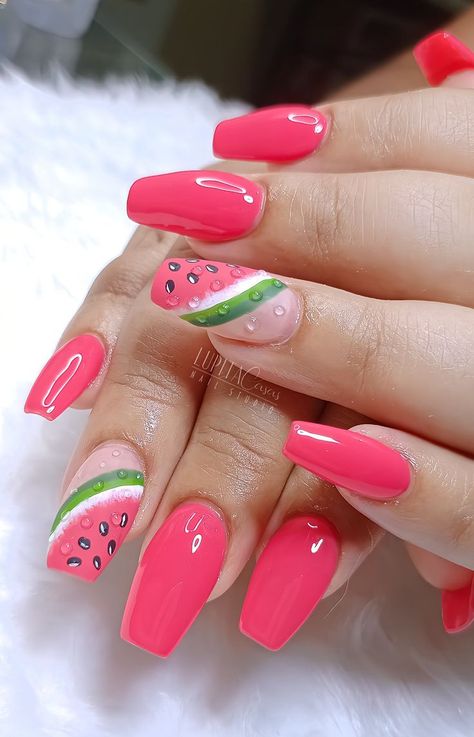 Fruits Nail Art Designs, New Nail Designs 2024 Summer, Watermelon Design Nails, Summer Watermelon Nails, Short Watermelon Nails, Pink Watermelon Nails, Watermelon Nails Acrylic, Nails With Watermelon, Fun Summer Nails Short