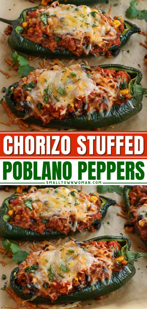 Learn how to make Stuffed Poblano Peppers! In just a few steps, you can have an easy meal with ground beef or chorizo, rice, corn, black beans, and more. Save this stuffed pepper recipe! Chorizo Stuffed Bell Peppers, Stuffed Poblano Peppers With Chorizo, Spicy Poblano Beef Bowl, Chorizo Stuffed Poblano Pepper Recipes, Polenta Stuffed Peppers, Stuffed Pasilla Peppers, Stuff Poblano Pepper Recipes, Stuffed Poblano Pepper Recipes Beef, Grilled Stuffed Poblano Peppers