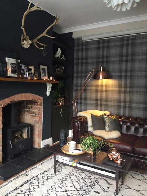 Plaid Accent Wall. Dark colors. Leather couch Wallpaper Living Room Ideas, Tartan Wallpaper, Snug Room, Wallpaper Accent Wall, Room Paint Colors, Dark Interiors, Paint Colors For Living Room, Wallpaper Living Room, Room Wallpaper