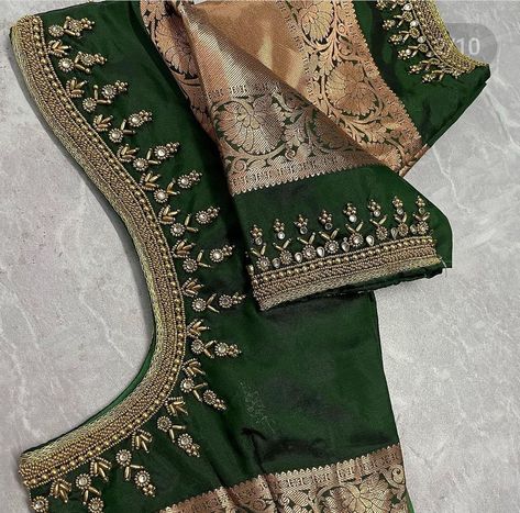 Green Zardosi Work Blouse, Green Blouse Designs For Saree Bridal, Green Maggam Work Blouses Design, Green Colour Blouse Designs, Green Blouse Maggam Work Designs, Green Blouse Aari Work Designs, Exclusive Blouse Designs, Magam Work Designs, Green Blouse Designs