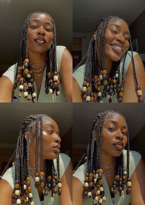 Braids W Wooden Beads, Cute Short Braided Hairstyles With Beads, Box Braids With Wood Beads, Wood Beads Braids, Beaded Bob Braids, Short Black Braids With Beads, Box Braids Wooden Beads, Boxbraids Hairstyle With Beads, Wooden Beads On Braids