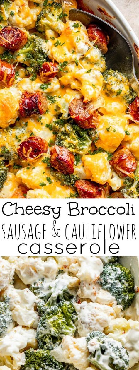 This Cheesy Broccoli, Sausage & Cauliflower Casserole is a creamy low-carb dinner made with smoked sausage and hearty vegetables. An easy, quick, and delicious meal! #cauliflower #lowcarb #sausagebake #broccolicasserole Sausage And Broccoli Casserole, Cauliflower And Meat Recipes, Broccoli And Cauliflower Crockpot Recipes, Low Carb Brussel Sprout Casserole, Cauliflower And Sausage Recipes, Smoked Sausage Low Carb Recipes, Broccoli Cauliflower Potato Casserole, Broccoli Artichoke Casserole, Meals With Broccoli And Cauliflower