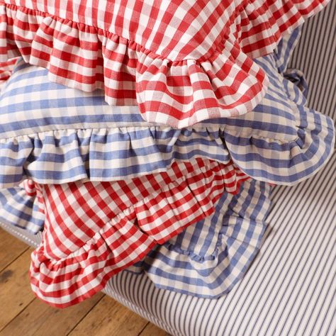 Gingham Cushion Covers, Gingham Decorations, Country Cushions, Square Cushion Cover, Ruffle Pillow, Pink Sofa, Bedroom Pictures, Cover Ideas, Coastal Blue