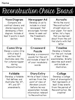 Social Studies Choice Board - Reconstruction by Palmetto Class | TpT Social Studies Choice Board, Interactive Notebooks Social Studies, Social Studies Notebook, Kindergarten Social Studies, Social Studies Unit, 5th Grade Social Studies, Choice Board, Social Studies Worksheets, Social Studies Elementary