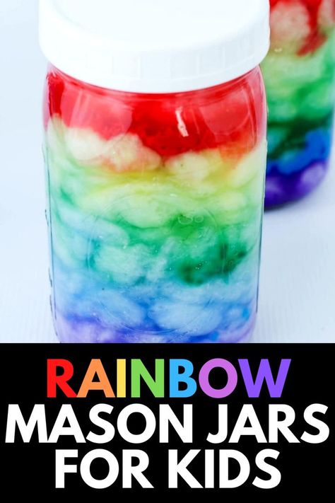 This fun Rainbow Mason Jar craft for kids is made with cotton balls and tempura paint. It's super easy and looks like a rainbow and clouds in a jar! Get the full tutorial at MomDot.com! Rainbow Jar, Rainbow In A Jar, Cloud In A Jar, Mason Jar Craft, Rainbow And Clouds, Cloud Craft, Rainbow Paint, Diy Rainbow, Mason Jar Crafts Diy