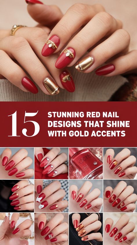 15 Stunning Red Nail Designs That Shine with Gold Accents (You Won't Believe #8!) Maroon And Gold Nail Ideas, Classy Red Nail Designs, Red And Gold Nails Square, Red Gold And Black Nails, Red Nails With Gold Design, Gold Accent Nail Design, Red And Gold Nails Ideas, Red And Gold Nail Ideas, Gold Nail Ideas