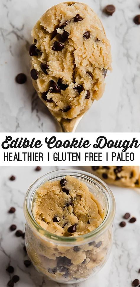 This edible cookie dough is the perfect no-cook snack! It's totally gluten-free, dairy-free, and paleo-friendly. Resep Vegan, Paleo Chocolate Chip Cookies, Paleo Recipes Dessert, Paleo Baking, Paleo Sweets, Low Carb Dessert, Edible Cookies, Edible Cookie Dough, Paleo Chocolate