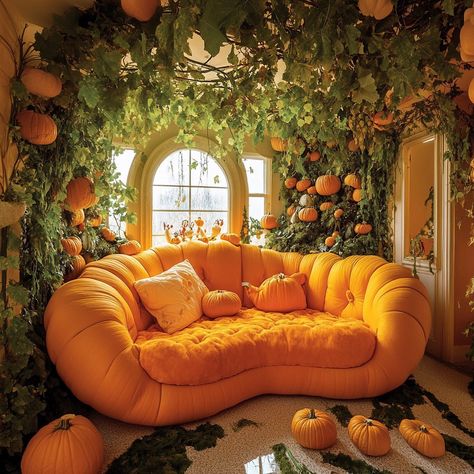 This pumpkin patch-inspired couch brings the warmth and charm of autumn into your living room. Upholstered in a rich, earthy orange fabric, the couch mimics the hues of ripe pumpkins, adding a cozy seasonal vibe to the space. The plush cushions are designed for comfort, inviting you to sink in as you enjoy a relaxing afternoon. Accented with subtle green piping that evokes the vines of a pumpkin patch, the couch sits on natural wooden legs, grounding it with rustic elegance. Paired with soft ... Floor Couch, L Shaped Couch, Hobbit House, Orange Fabric, Sink In, Rustic Elegance, A Pumpkin, Home Decor Furniture, Pumpkin Patch