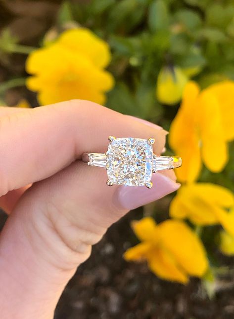 Cushion Baguette Engagement Ring, Cushion With Baguettes, Cushion Cut With Baguettes, Engagement Rings Baguette, Wedding Rings Cushion Cut, Gold Cushion Cut Engagement Ring, Engagement Ring With Baguettes, Engagement Ring Baguette, Engagement Rin