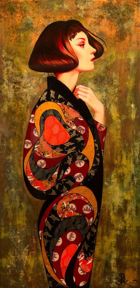 Japanese Contemporary Art: Mixed Media Portraits by Lauren Brevner Lauren Brevner, Japanese Contemporary Art, Mixed Media Portrait, 1920 Fashion, Cat Tattoos, Golden Painting, Japon Illustration, Art Et Illustration, Art Japonais