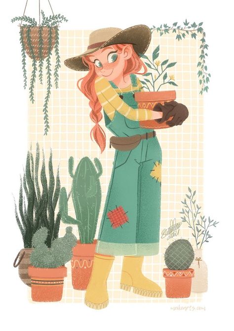 Illustration of a girl who loves plants and gardening Gardener Illustration, Plants And Gardening, Girl Character, Garden Girls, Art Diary, Fairy Princesses, Girls Characters, A Girl, Character Design