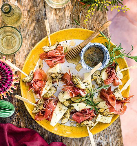 Artichoke, Manchego, Serrano ham and honey pintxos recipe | Sainsbury`s Magazine Pintxos Recipes, Ham Appetizers, Plates Of Food, Magazine Recipe, Serrano Ham, No Cook Appetizers, Spain Food, Reception Food, Spanish Cuisine