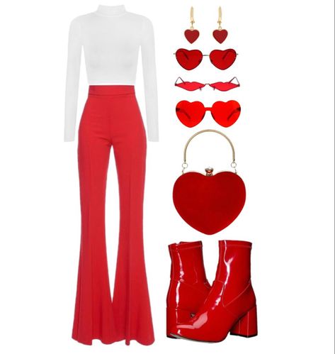 Red Heart Sunglasses Outfit, 70s Valentines Day Outfit, Heart Shaped Outfit, Red And White Concert Outfit, Pretty Red Outfits, Valintens Outfits, Red Heart Bag Outfit, Pink And Red Outfit Aesthetic, Valentine Inspired Outfits