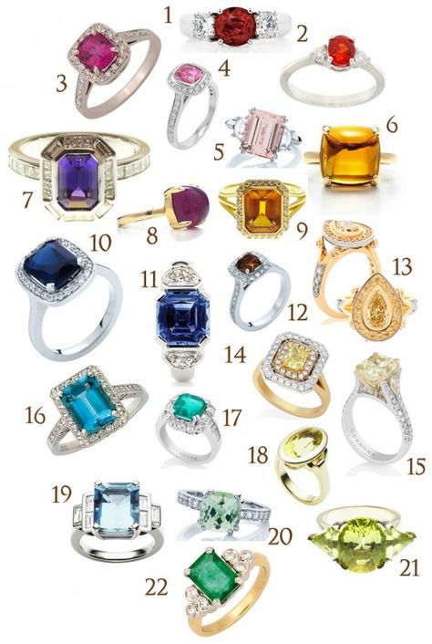 Love the trend of non-traditional engagement rings!  Ill take 5 or 10 or 19 or 15 or 14 or 16.......now to find the person who will give me one lol Gem Stone Engagement Rings, Coloured Stone Engagement Rings, Coloured Engagement Rings, The Bling Ring, Traditional Engagement Rings, Colored Engagement Rings, Colored Stones, Put A Ring On It, Stone Engagement Rings