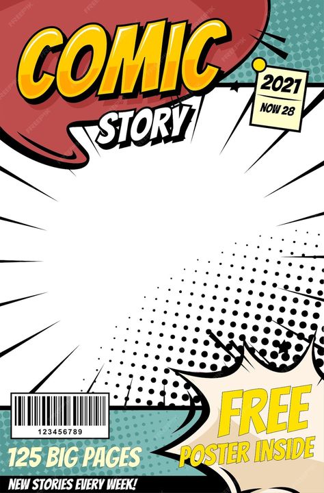 Premium Vector | Comic pop art cartoon cover magazine template Comic Style Aesthetic, Comics Poster Design, Comic Strip Poster, Comics Cover Design, Comics Graphic Design, Comic Book Cover Design, Comic Aesthetic Pop Art, Comic Design Ideas, Noli Me Tangere Design