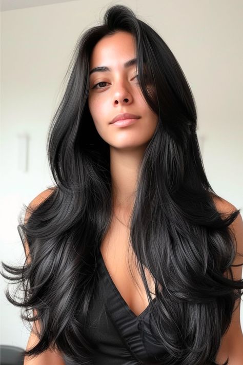 Long Haircut For Thick Hair Asian, Face Framing With Layers Long Hair, Long Full Haircut, Haircut Ideas For Black Hair, Long Dramatic Layered Hair, Dark Long Hair Layers, Strait Layered Hair, Long Black Haircut Styles, Black Hair Layers Long