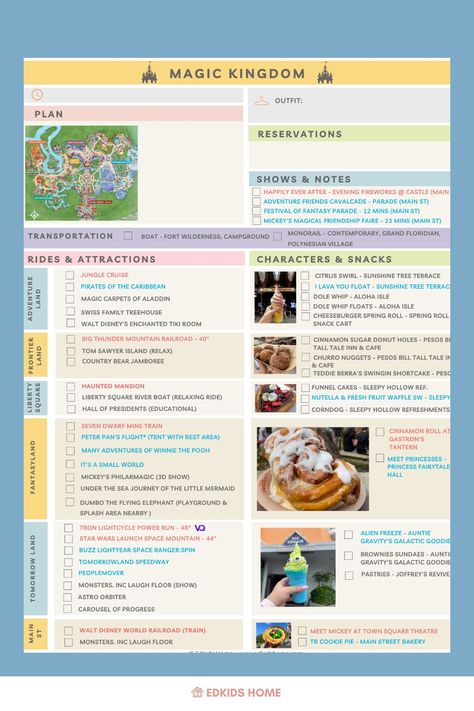 Discover top Disney World tips and tricks while keeping your kids entertained with this free itinerary template. Disney World Template, Disney World Magic Kingdom Best Route, Disney World Tips And Tricks With Kids, Disney World Schedule Template, Disney Checklist Vacation Planner, Disney Planning Timeline, Disney World Planning Spreadsheet, Disneyland Itinerary Template, 4 Day Disney World Itinerary