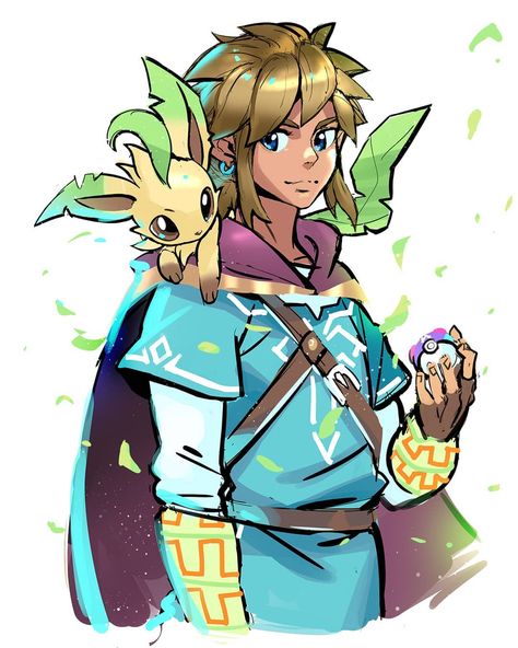 Legend of Zelda Breath of the Wild / Pokémon game crossover art > Link and Leafeon > Eeveelution > botw | moxie2d Zelda Pokemon, Crossover Art, Y Image, Shigeru Miyamoto, Wild Pokemon, Nintendo Sega, Video Game Fan Art, Zelda Breath Of The Wild, Pokemon Party